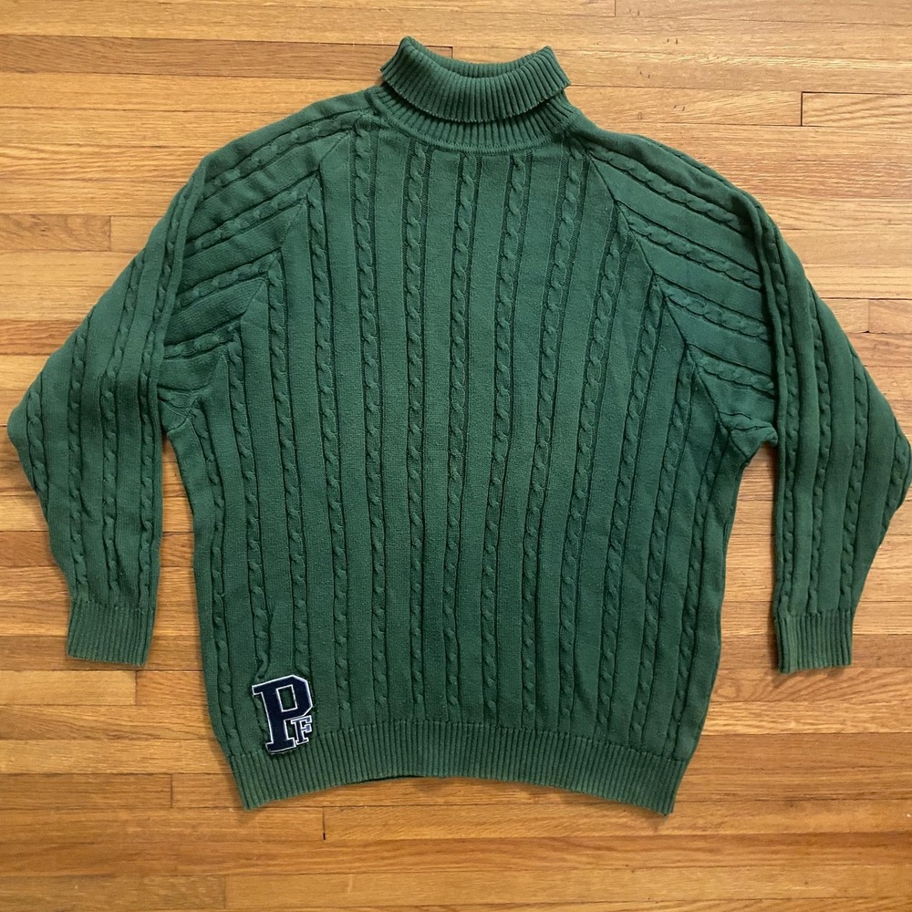Phat Farm Sweater Mens 2XL Green Mock Neck Cable Knit Chenille PF Logo Patch Y2K